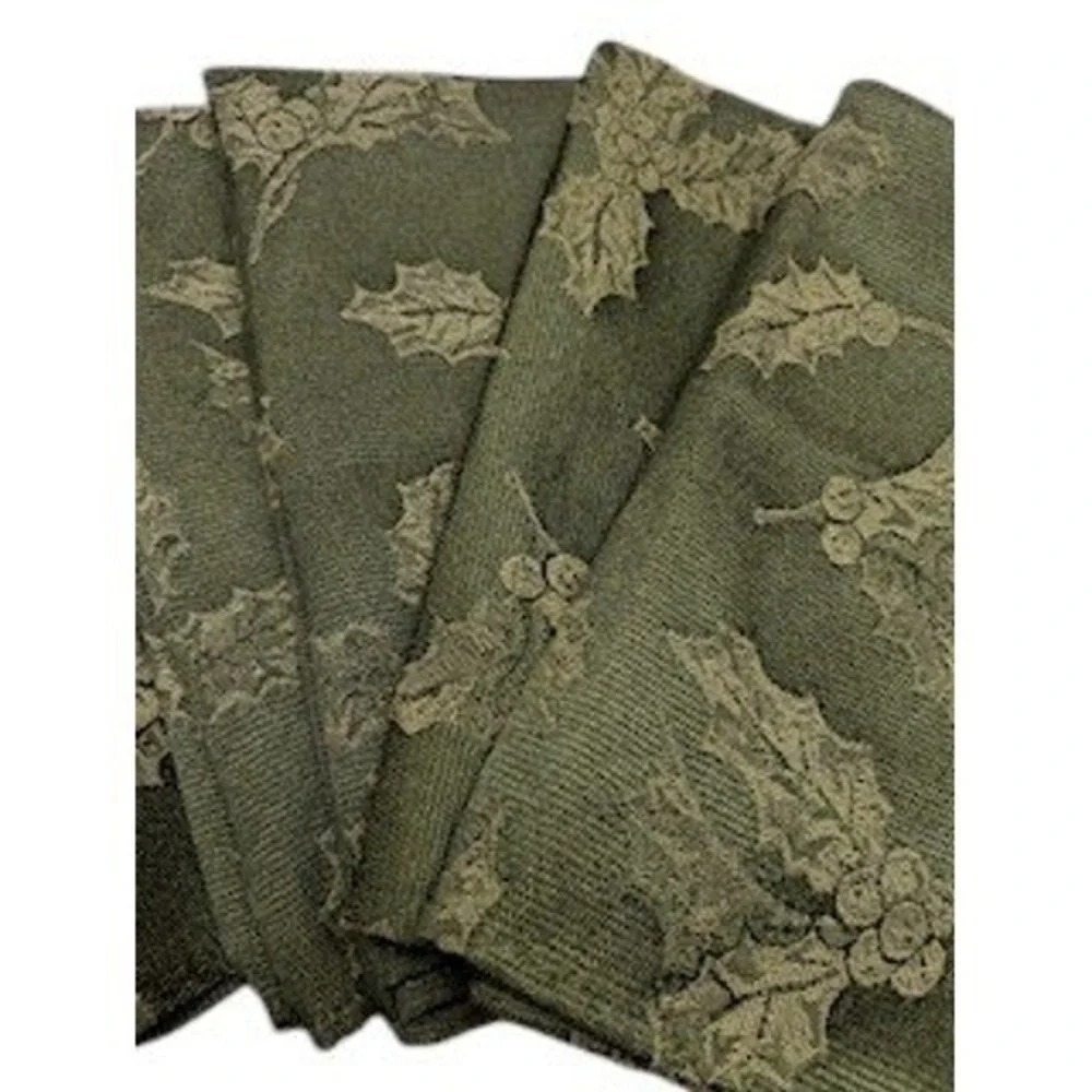 Holiday Jacquard Cloth Napkins Set of 5 Green Holly Leaves Christmas Linens